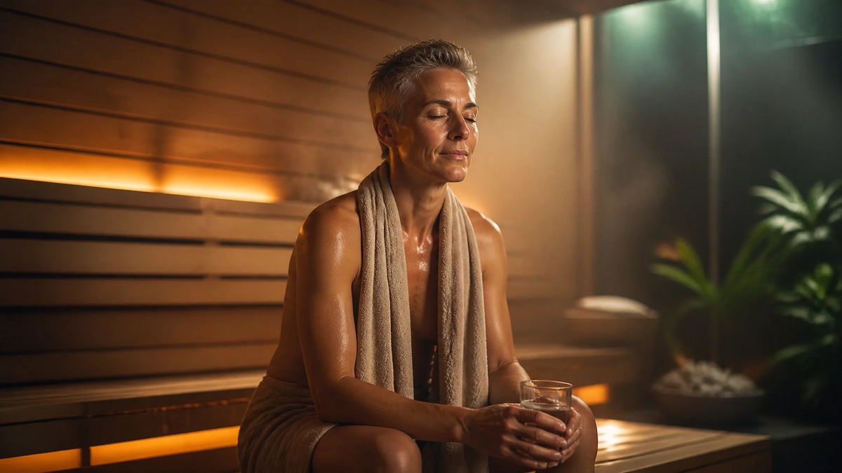 A sophisticated adult relaxing inside a warm modern sauna after a session