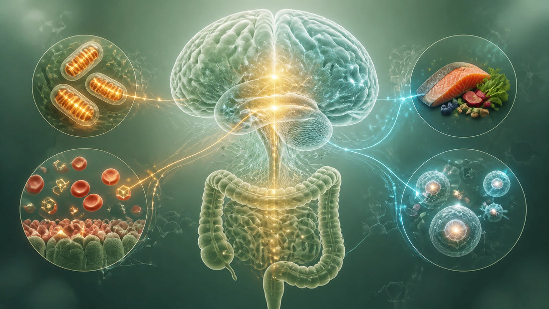 Scientific illustration of the brain connected to cellular energy and metabolic pathways