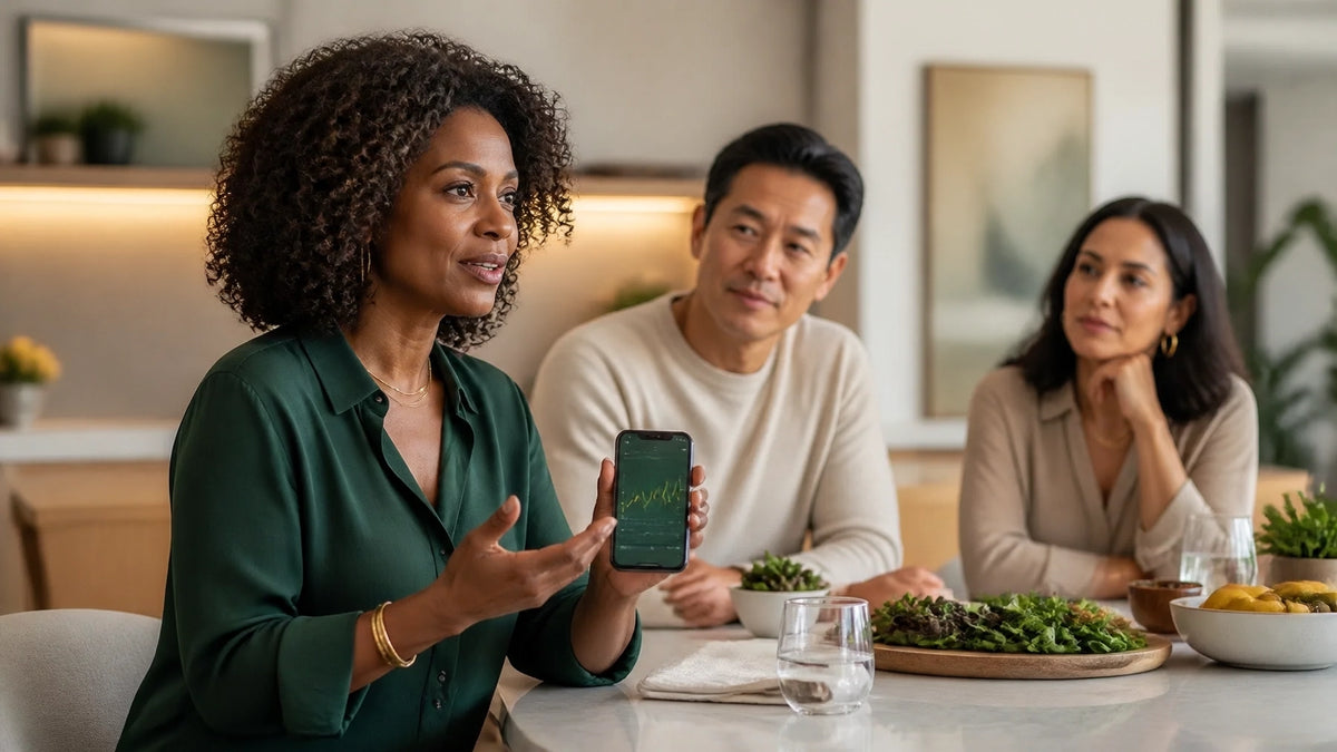 Diverse adults discussing food, glucose patterns, and metabolic health in a calm refined wellness setting