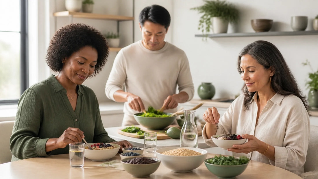 Diverse adults preparing a fiber-rich meal in a calm modern kitchen to explore fibermaxxing, GLP-1 signaling, and metabolic h