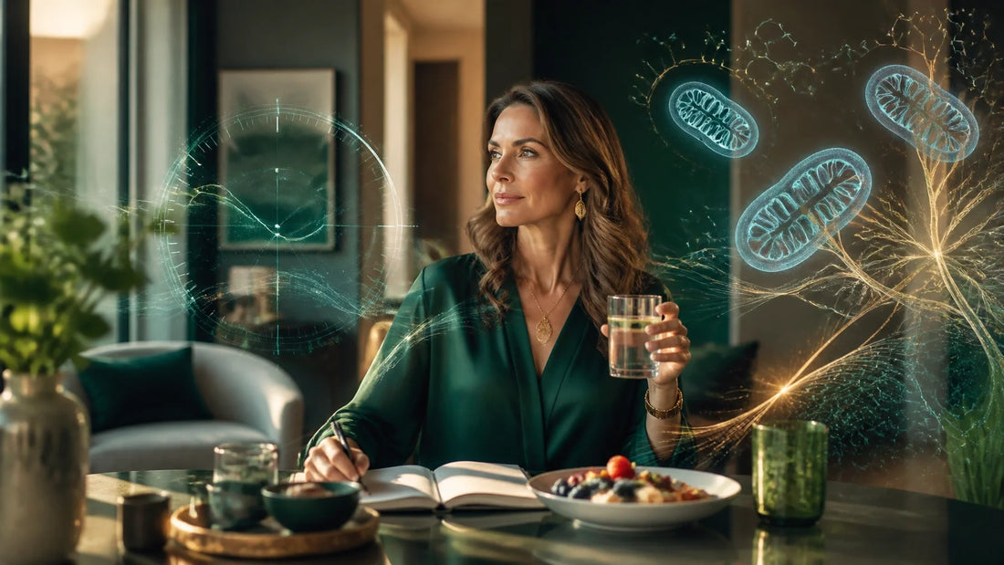 Metabolism and fatigue hero image showing a high-performing adult in a premium morning wellness setting with cellular energy 