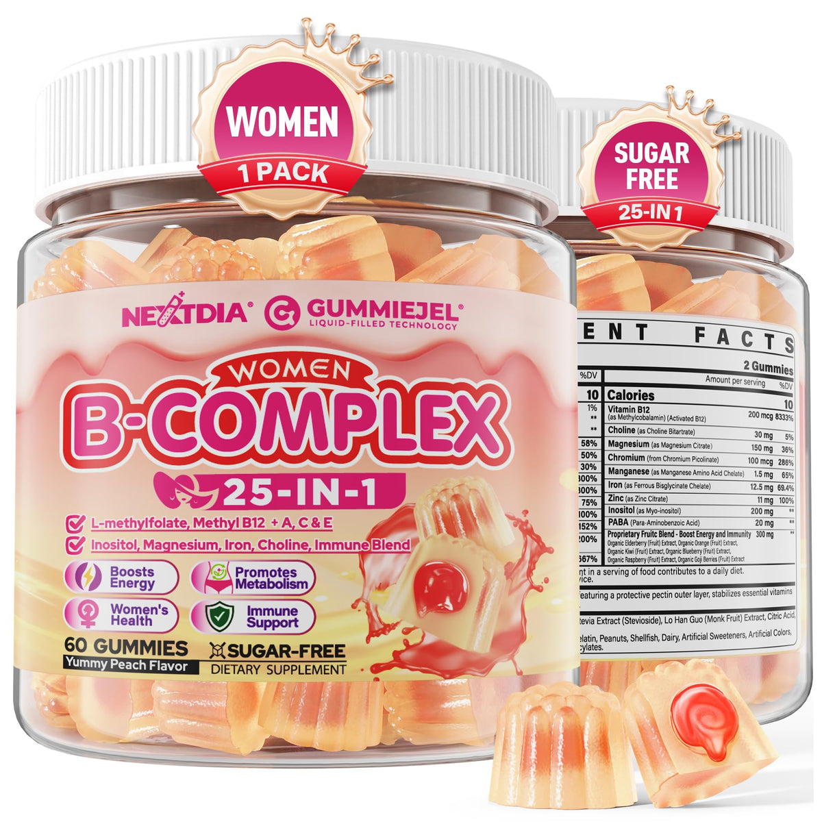 Two clear plastic jars of NextD24 B-Complex gummy candies with white lids, shown on a white background with a few loose gummies in the foreground. The packaging features pink and red graphics with text indicating 'Women', '1 Pack', 'Sugar Free', and '25-In-1'.