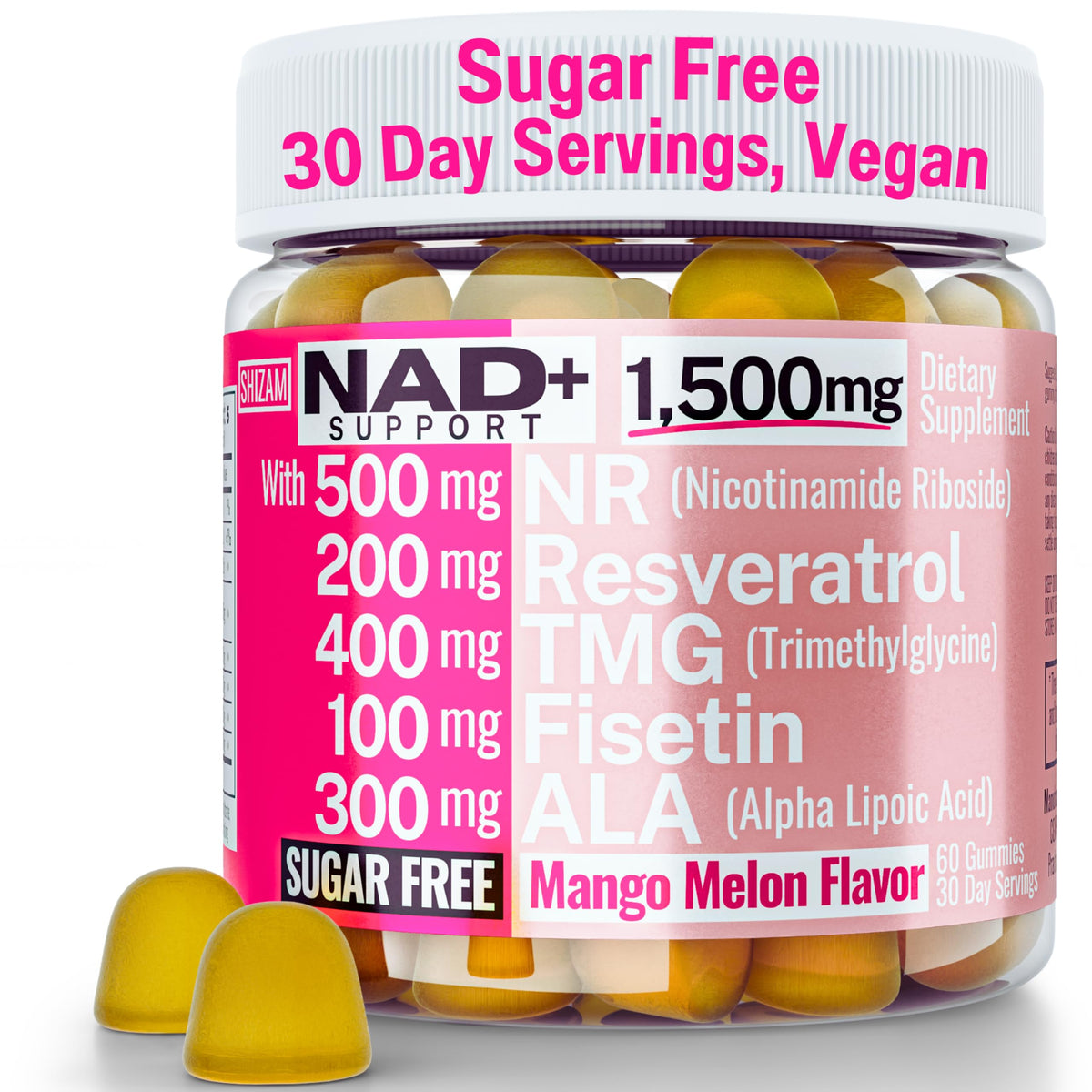 Supplement bottle labeled NAD+ Support with ingredients and flavor details on a white background