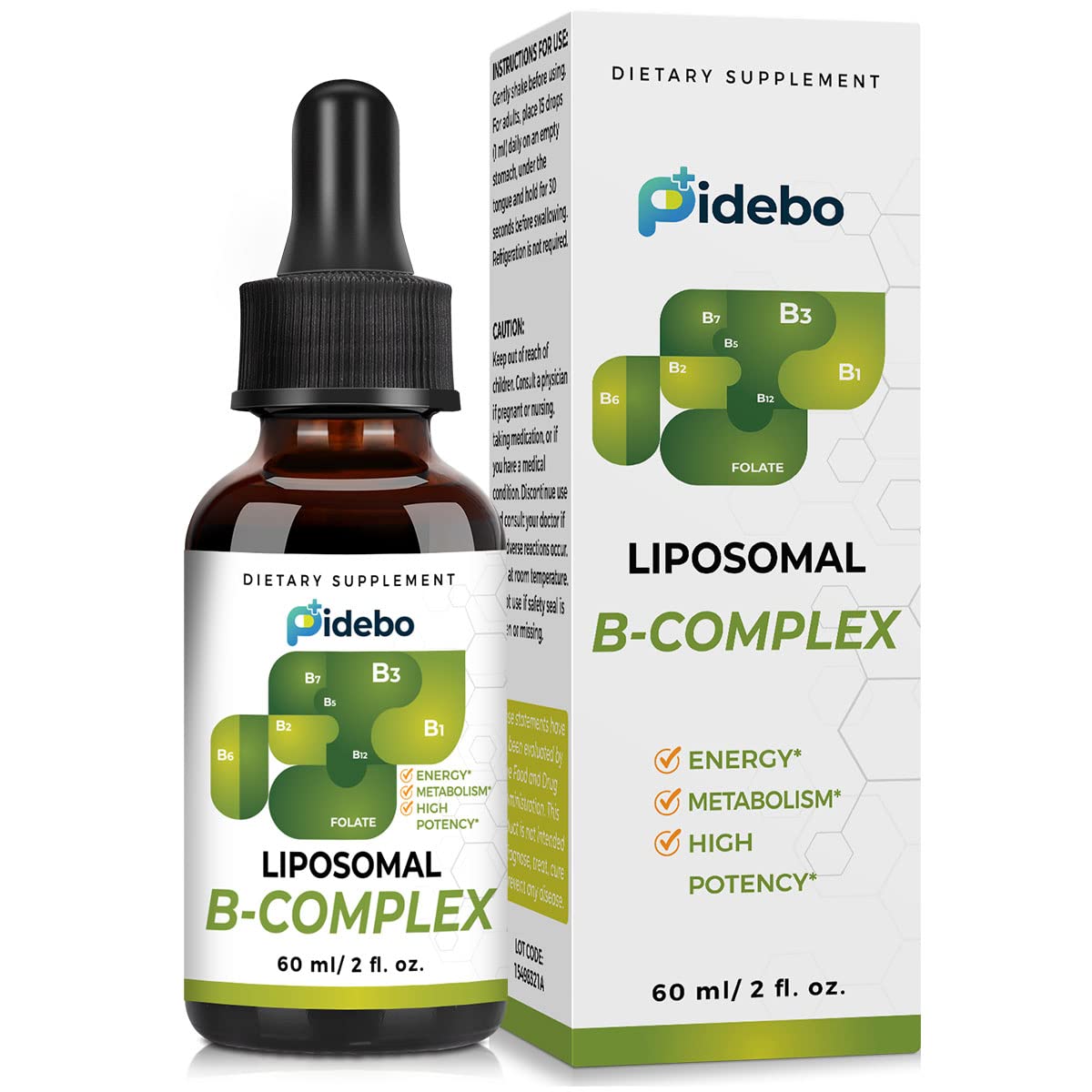 Pidebo Liposomal B-Complex dietary supplement bottle and packaging on a white background