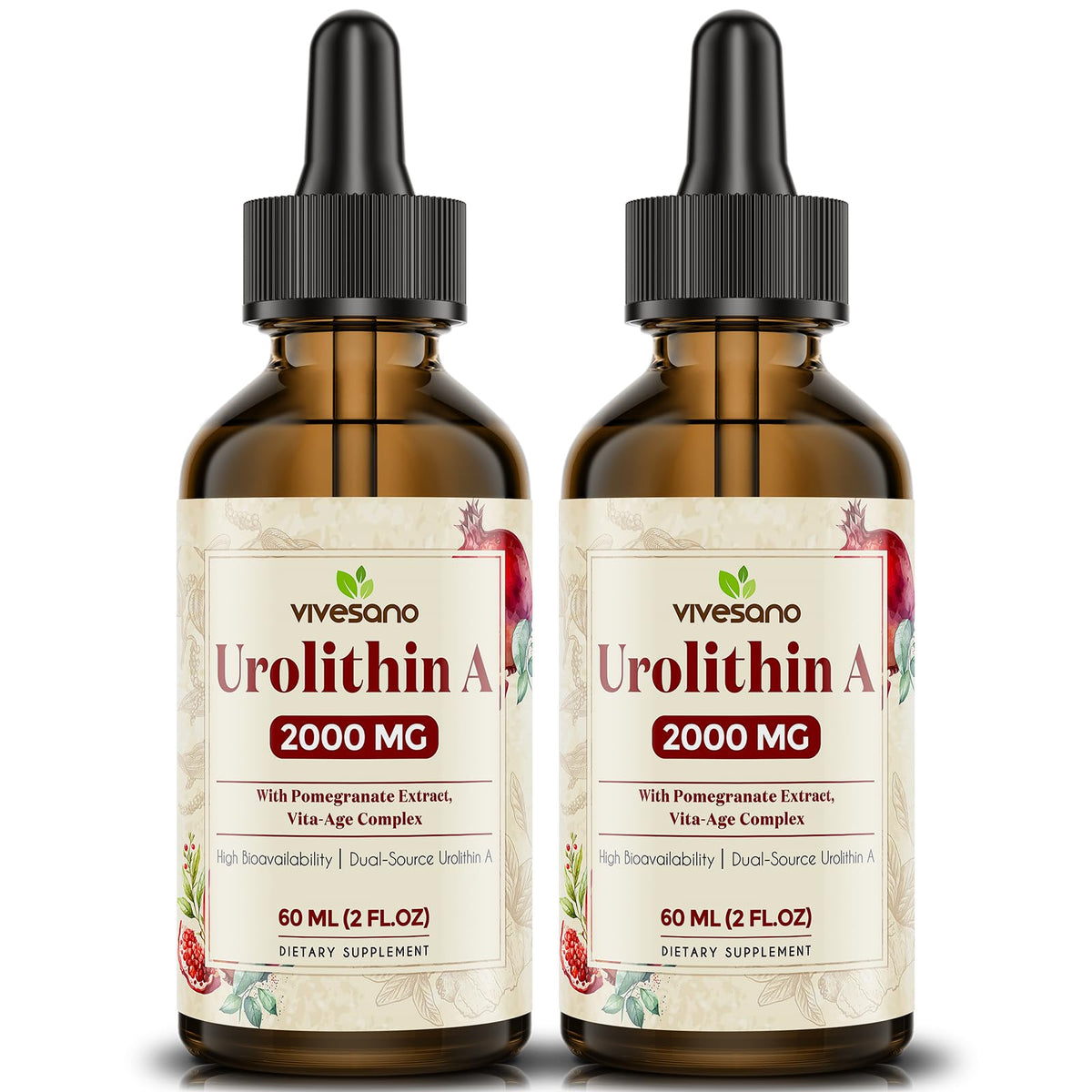 Two amber glass dropper bottles of Vivesano Urolithin A 2000 MG dietary supplement, displayed side-by-side on a white background.