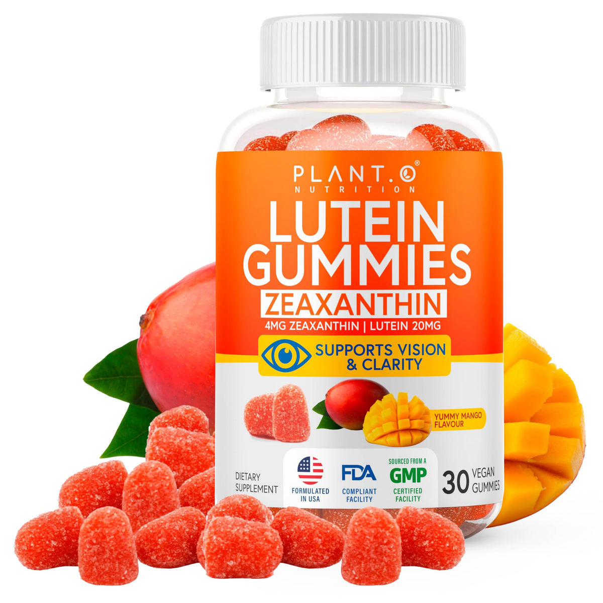 Bottle of Plant Nutrition Lutein Gummies with gummies and mangoes on a white background