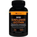 A black bottle of ML naturals Mini Sunflower Lecithin dietary supplement, featuring a black label with orange and white text, on a solid white background.