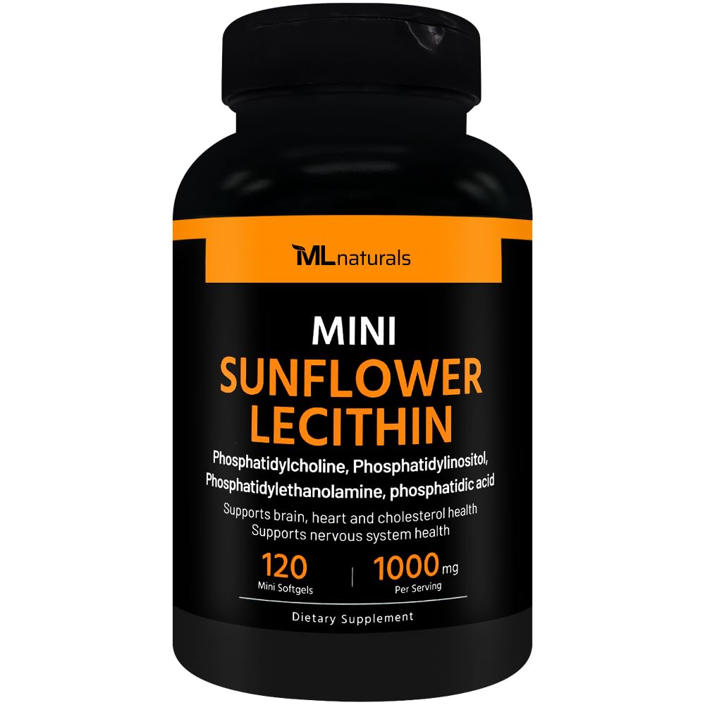 A black bottle of ML naturals Mini Sunflower Lecithin dietary supplement, featuring a black label with orange and white text, on a solid white background.