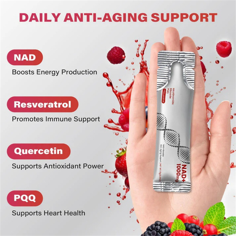 Hand holding a Zoone supplement packet with anti-aging support text and ingredients on a colorful background