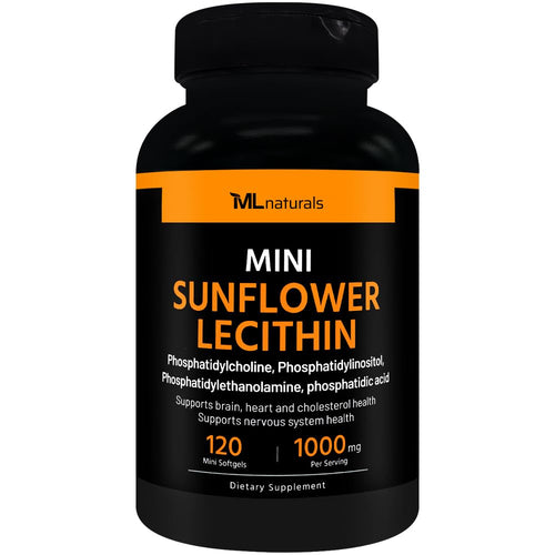 A black bottle of ML naturals Mini Sunflower Lecithin dietary supplement, featuring a black label with orange and white text, on a solid white background.