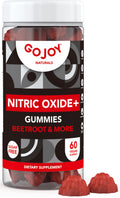GoJoy Naturals Nitric Oxide+ Gummies Beetroot & More in a clear plastic bottle with a white cap, shown on a white background with three red gummies in front.