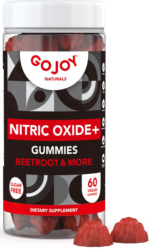 GoJoy Naturals Nitric Oxide+ Gummies Beetroot & More in a clear plastic bottle with a white cap, shown on a white background with three red gummies in front.