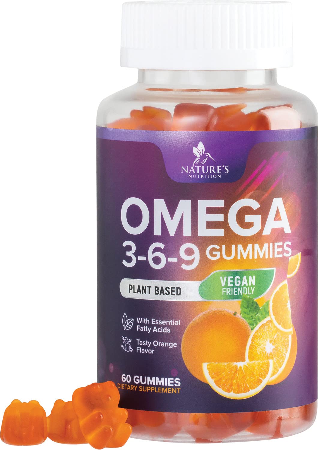 Bottle of Nature's Nutrition Omega 3-6-9 Gummies with orange flavor on a white background